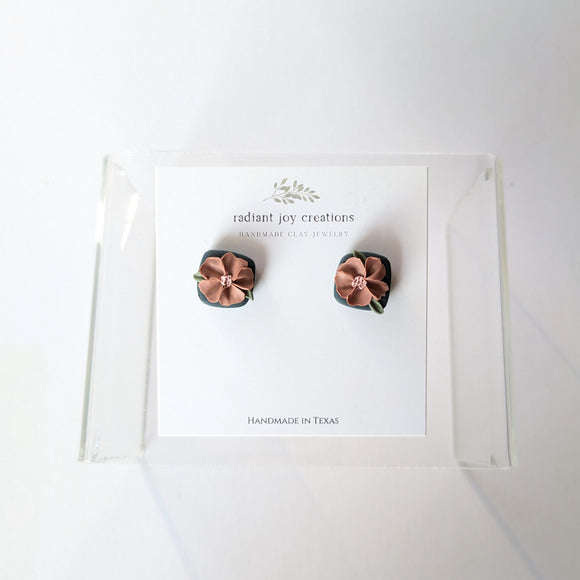 Navy Pink Floral Studs